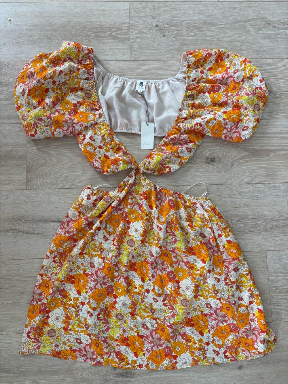 Vici Groovy Floral Puff-Sleeve Cut Out Mini Dress - Yellow & Orange